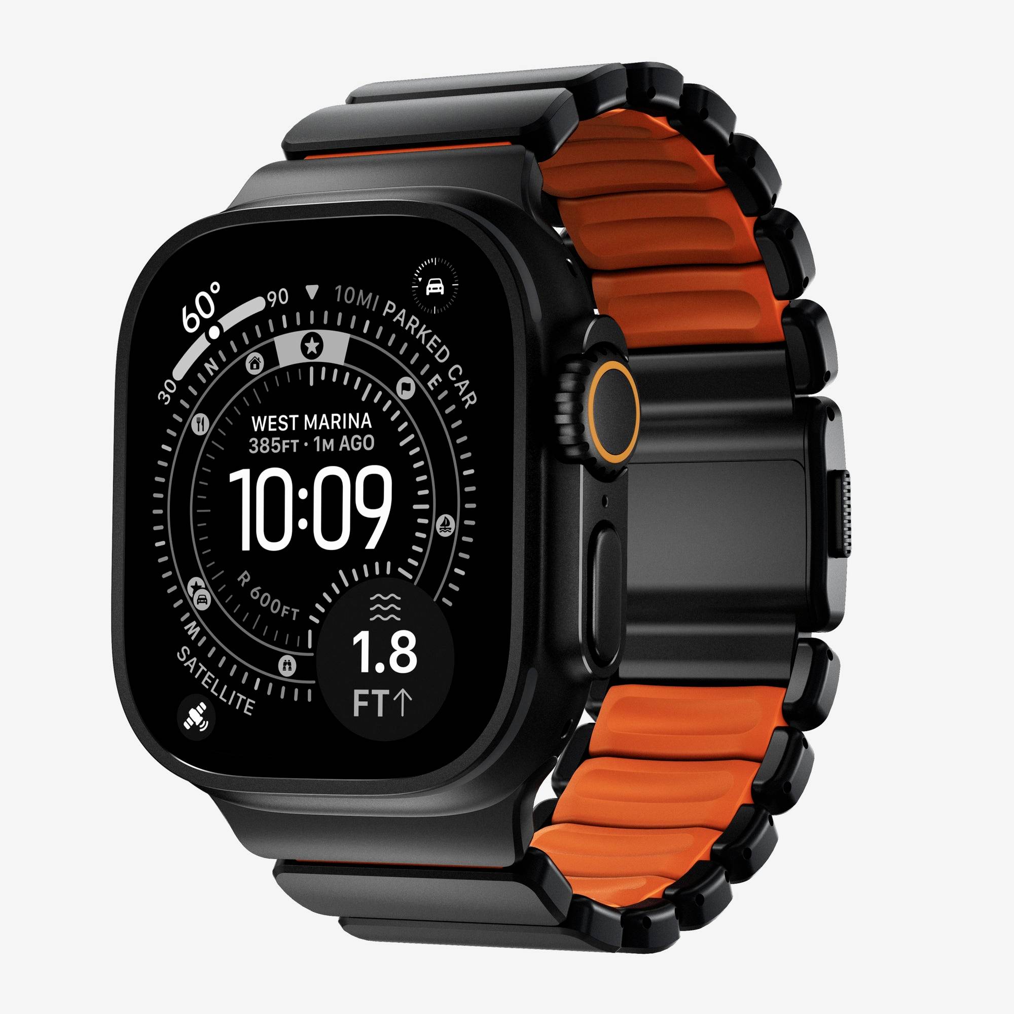 Schwarze Smartwatch mit orangenem Armband, zeigt ein kompassartiges Zifferblatt mit der Uhrzeit 10:09, dem Standort „WEST MARINA