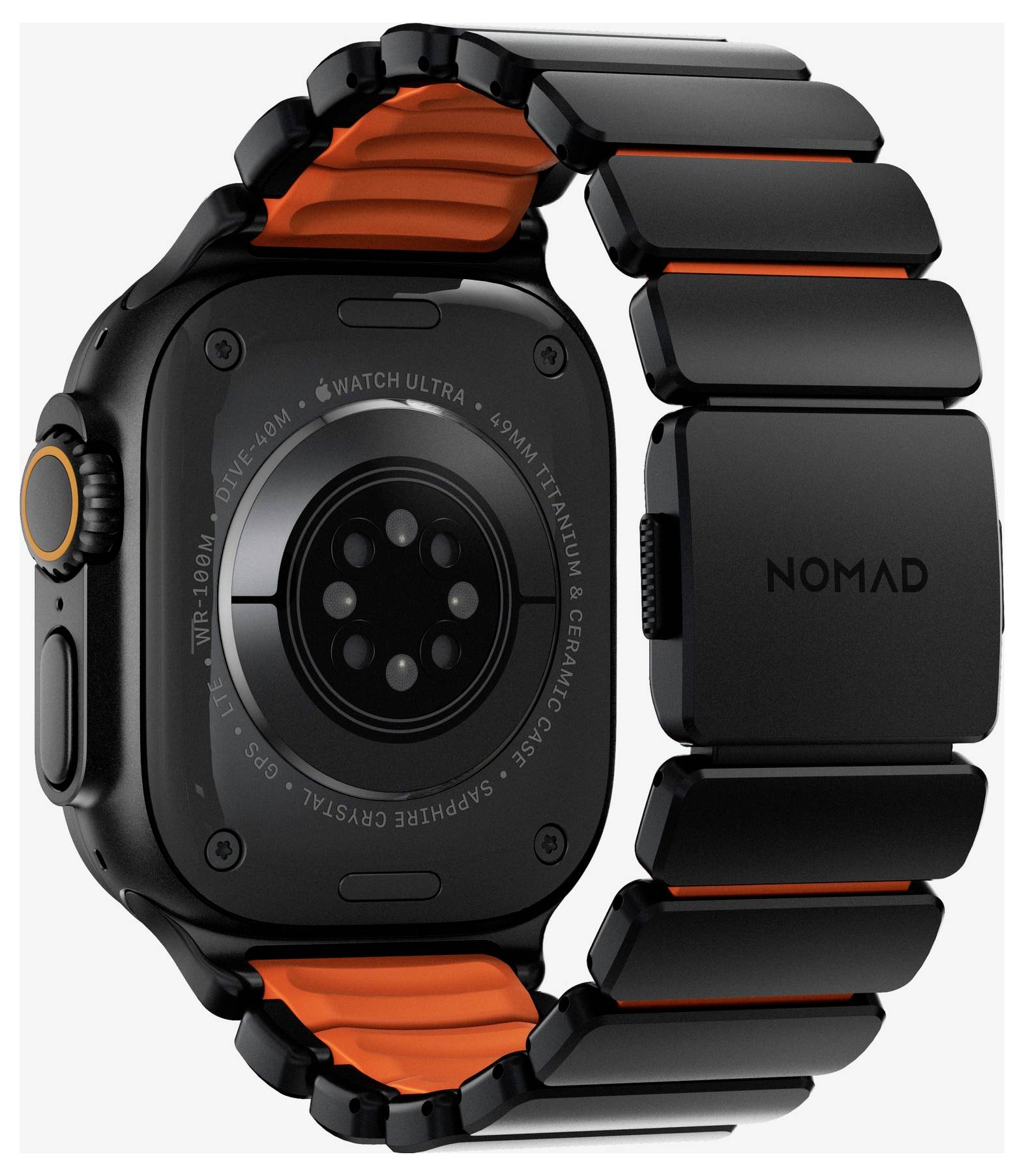 Rückansicht einer schwarzen Apple Watch Ultra mit einem orangefarbenen Akzentarmband und einem schwarzen Nomad-Armband.