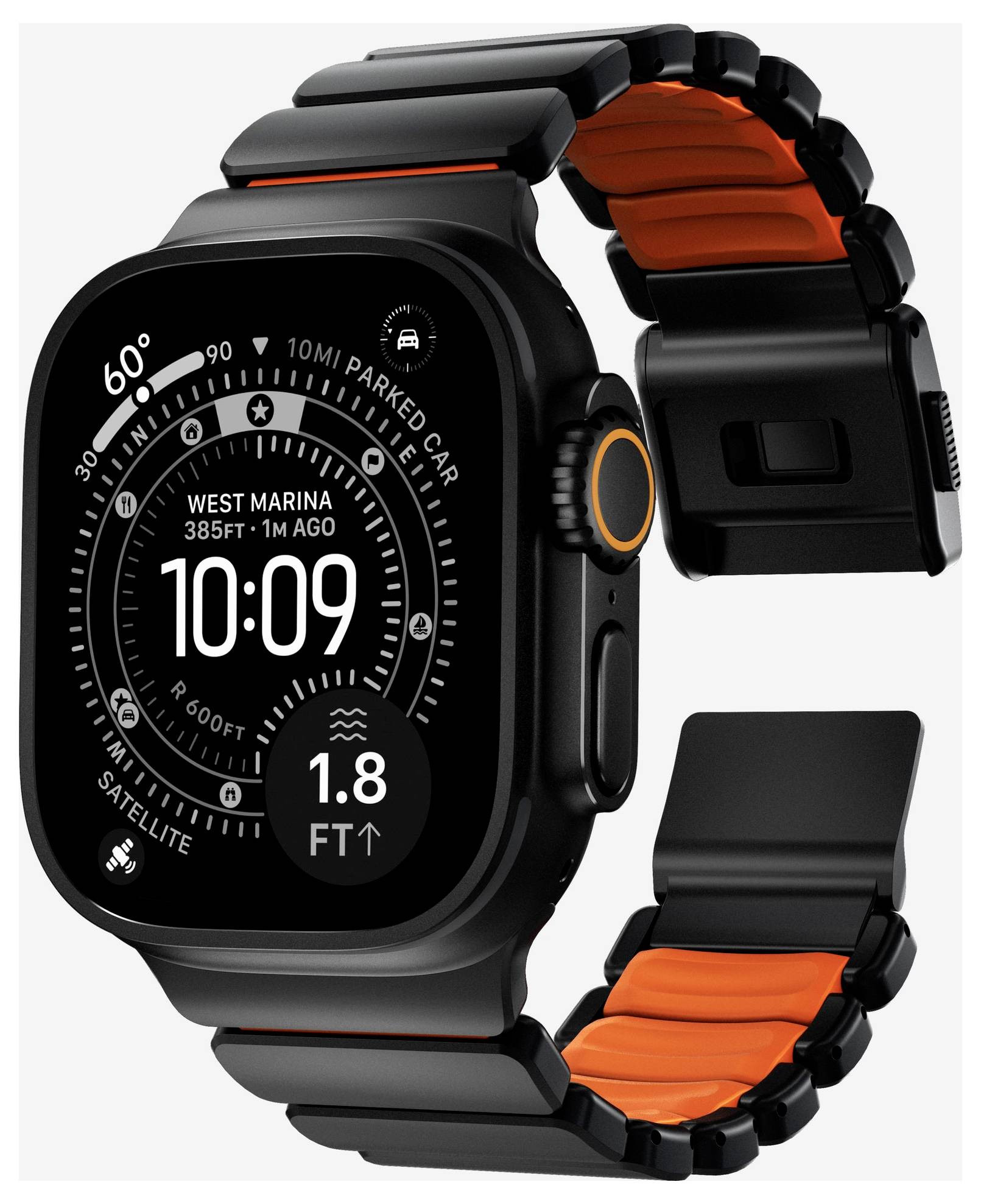 Schwarze Smartwatch mit orange akzentuiertem Armband, zeigt ein navigationsgestaltiges Zifferblatt mit der Uhrzeit 10:09, dem Standort West Marina und einer Höhe von 1,8 ft.