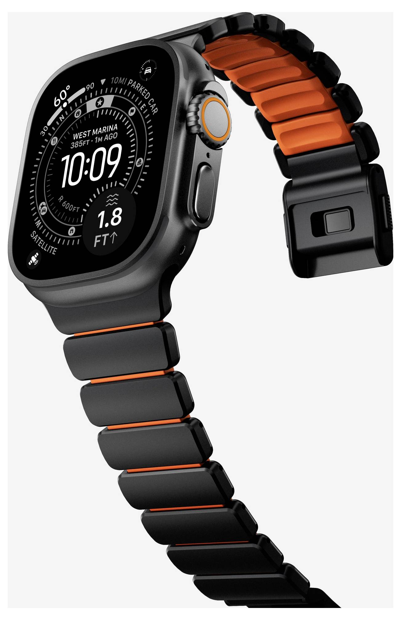 Schwarze Smartwatch mit orange akzentuiertem Band im schräggezeigten Winkel, wobei ein digitales Zifferblatt mit der Uhrzeit 10:09 und Wetter-/Fitnessdaten angezeigt werden.