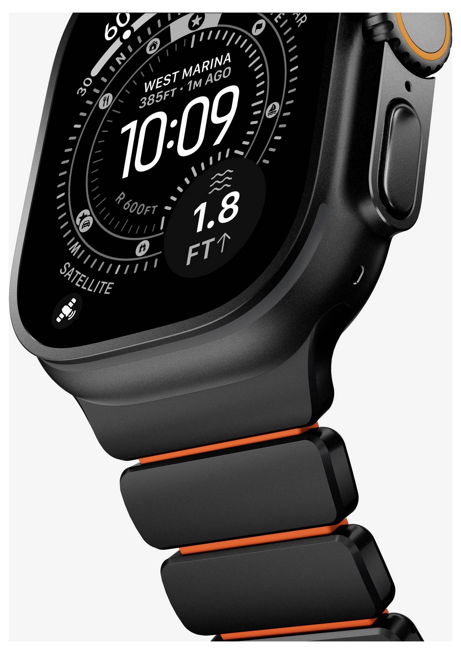Schwarze Apple Watch Ultra mit orangefarbenen Akzenten, zeigt 10:09 an, Position "West Marina", Tiefe 1,8 FT und Kompass-/Satellitenanzeigezeichen.