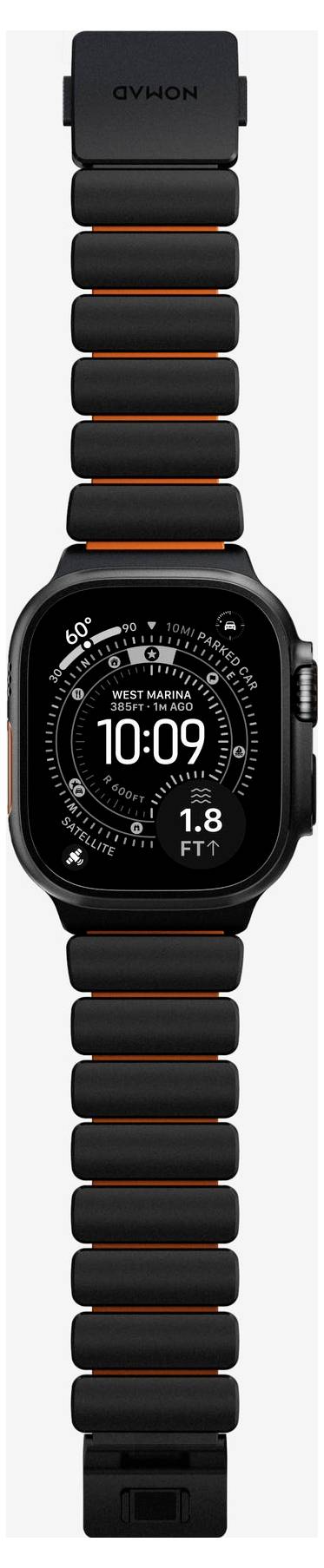 Schwarze GYVOIN-Smartwatch mit orange akzentuiertem Armband, zeigt ein digitales Zifferblatt mit 10:09 und Fitness-Statistiken.