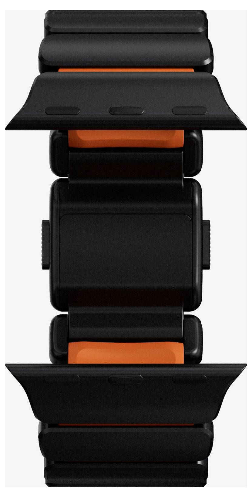 Schwarzes Smartwatch-Armband mit orangefarbenen Akzenten, Vorderansicht auf weißem Hintergrund gezeigt.