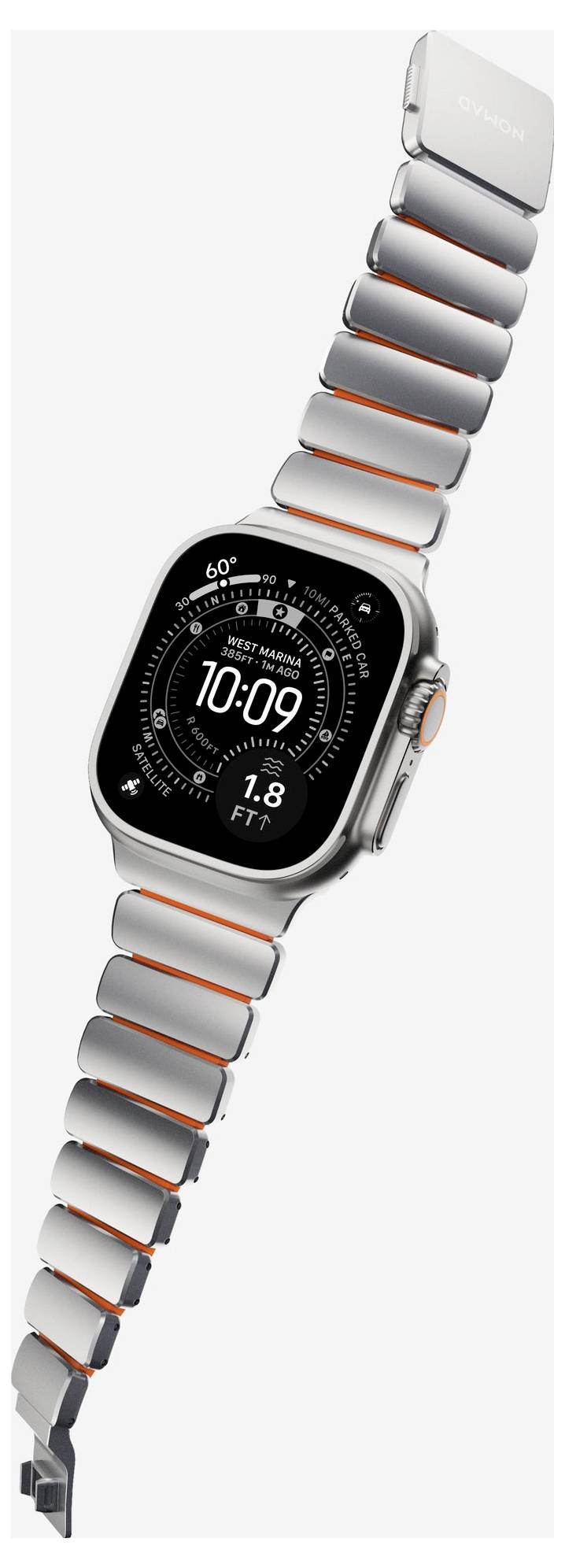 Silberne Apple Watch mit einem verbundenen Metallarmband, in einem Winkel auf weißem Hintergrund gezeigt. Das Display zeigt 10:09 und Fitness-Details an.