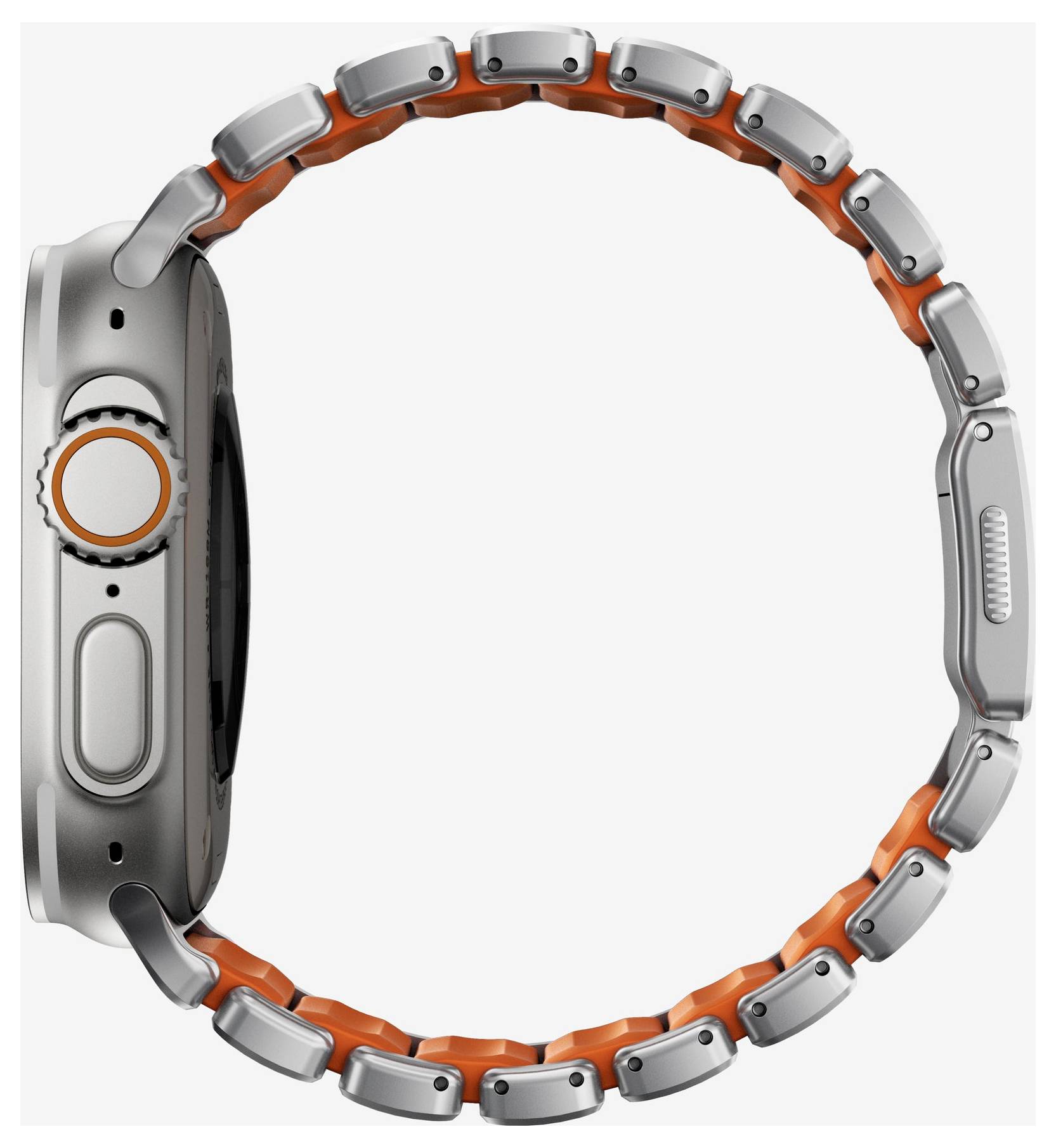 Silberne Smartwatch mit orangefarbig akzentuiertem Metallarmband, dargestellt in Seitenansicht auf weißem Hintergrund.
