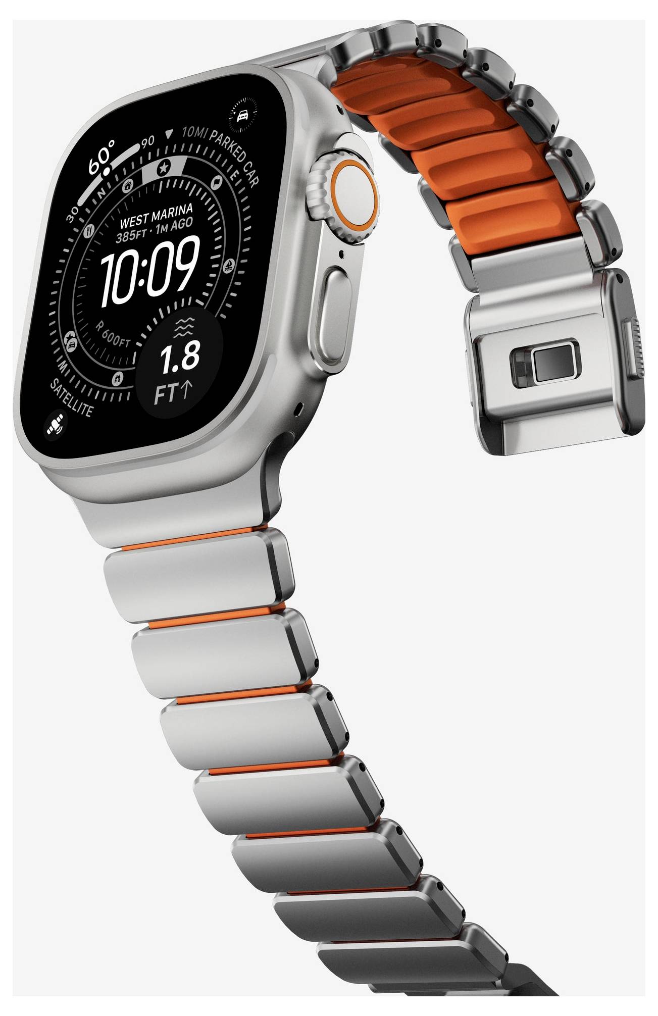 Silberne Smartwatch mit orange akzentuiertem Metallarmband, zeigt ein digitales Zifferblatt mit der Uhrzeit 10:09 und Fitness-ähnliche Statistiken.