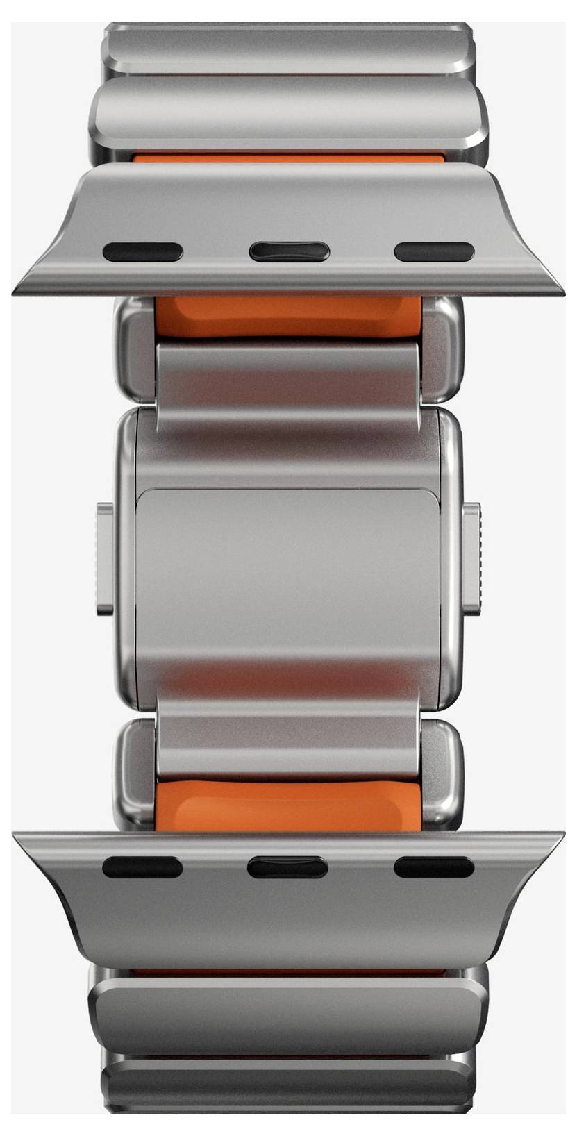 Nahaufnahme eines silbernen Metalluhrenarmbands mit orangefarbenen Akzenten, vertikal vor weißem Hintergrund dargestellt.