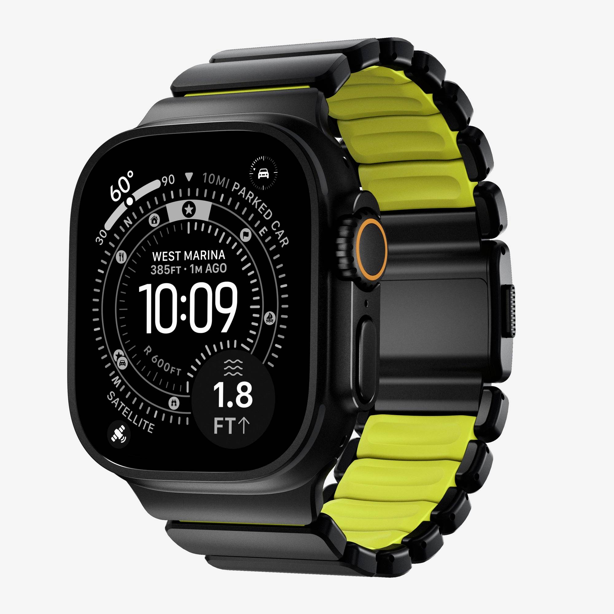 Schwarze Smartwatch mit neongelber Armband mit Outdoor-Navigationszifferblatt, Uhrzeit 10:09, Standort West Marina und Entfernung 1,8 ft.