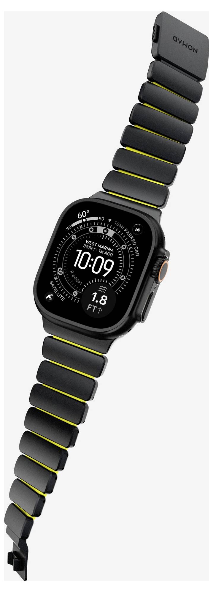 Schwarze quadratische Smartwatch mit schwarzem segmentiertem Armband, zeigt 10:09 und Fitness-Metriken auf dem Display.