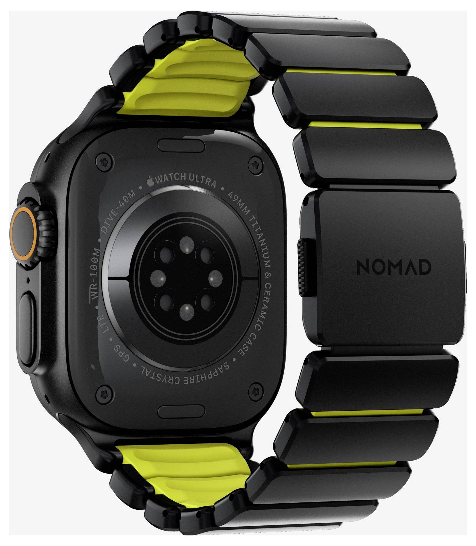 Schwarze Apple Watch Ultra mit robustem schwarz-gelbem Nomad-Armband, von hinten auf weißem Hintergrund gezeigt.