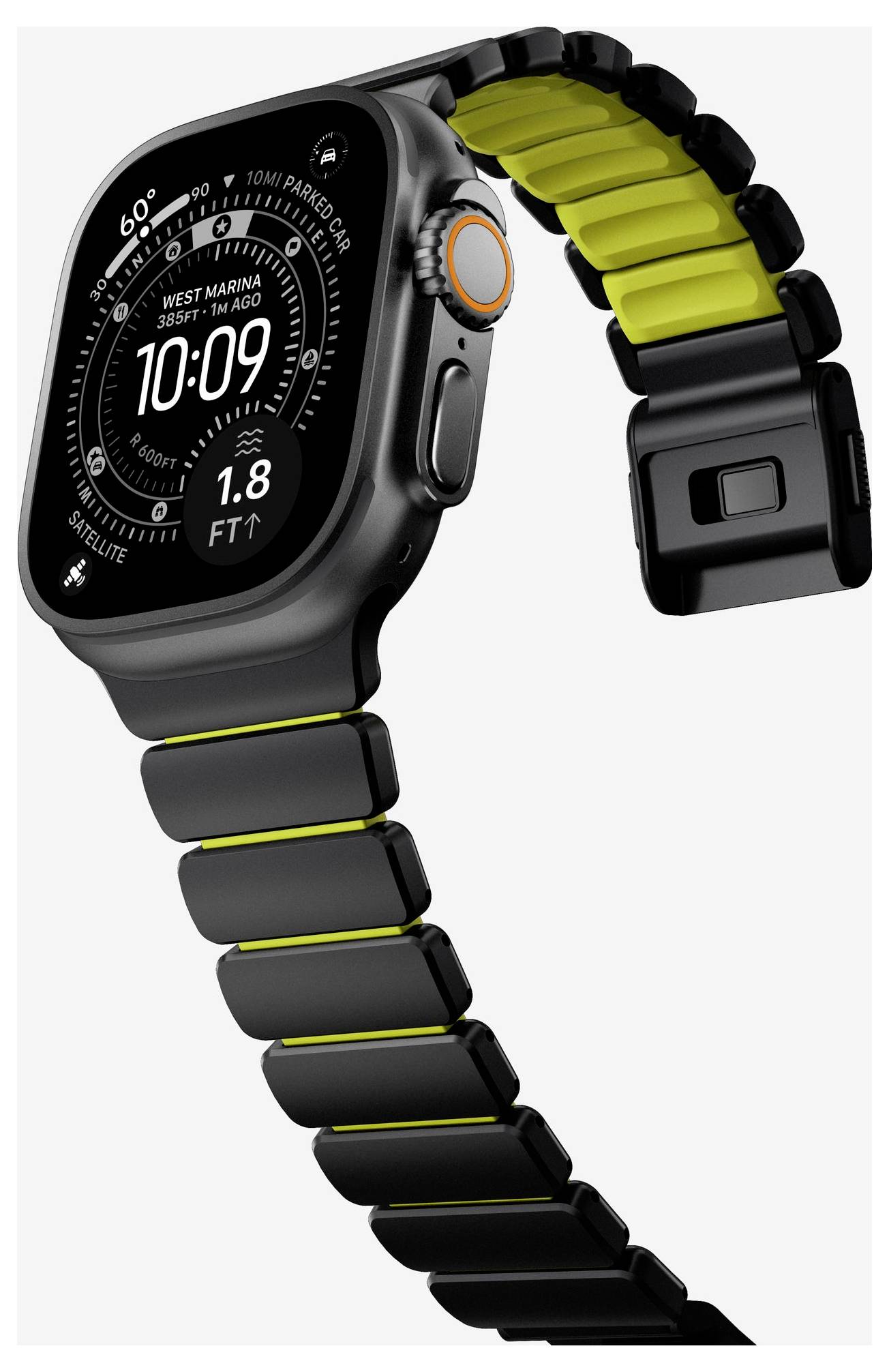 Schwarze Smartwatch mit schwarzem und gelbem Armband, zeigt ein nautisches digitales Zifferblatt mit der Uhrzeit 10:09 und einer Tiefe von 1,8 ft.