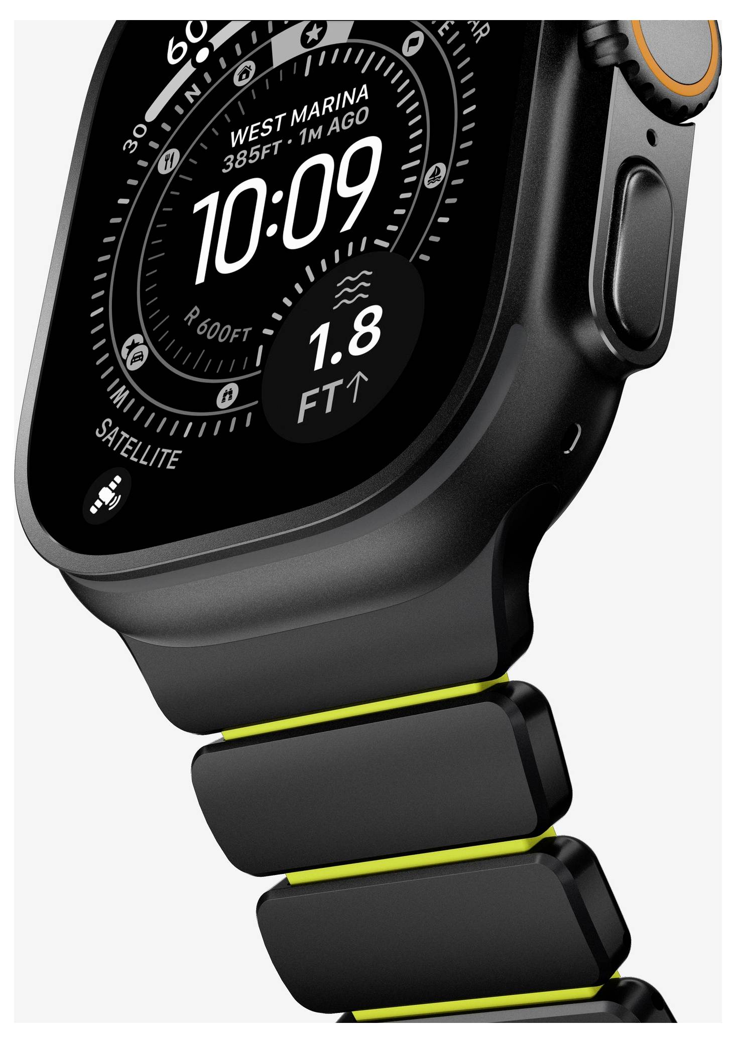 Nahaufnahme einer schwarzen Apple Watch Ultra mit orangefarbenem Action-Button, die das Zifferblatt mit '10:09', 'WEST MARINA 385FT 1:40' und Tiefenangabe '1.8 FT' zeigt.