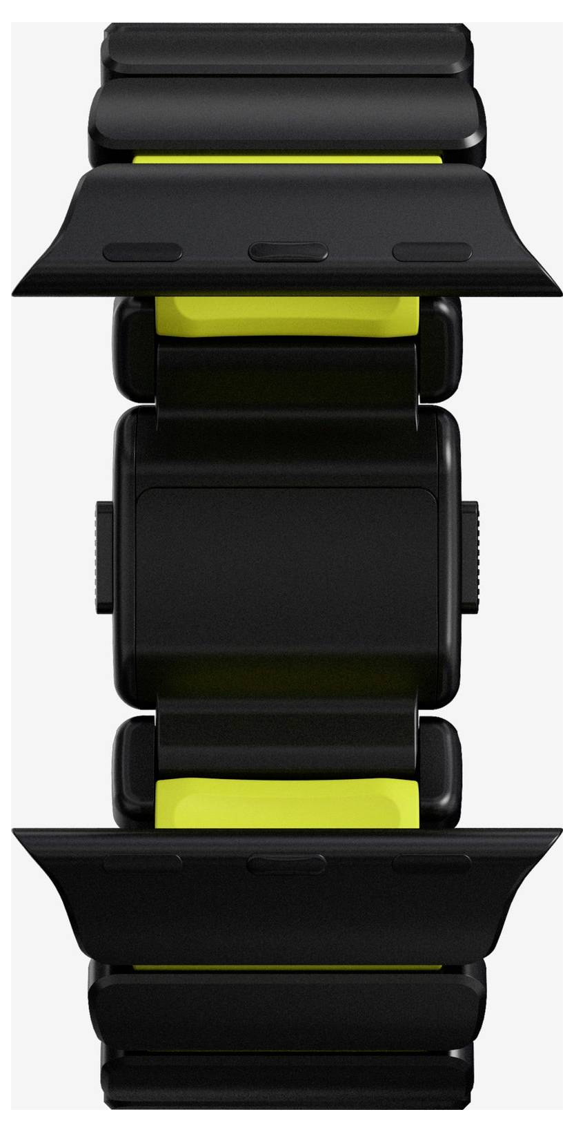 Vorderansicht eines schwarzen Smartwatch-Armbands oder einer Smartwatch-Uhr mit leuchtend gelben inneren Akzenten und einem breiten, spangen-ähnlichen Abschnitt in der Mitte.