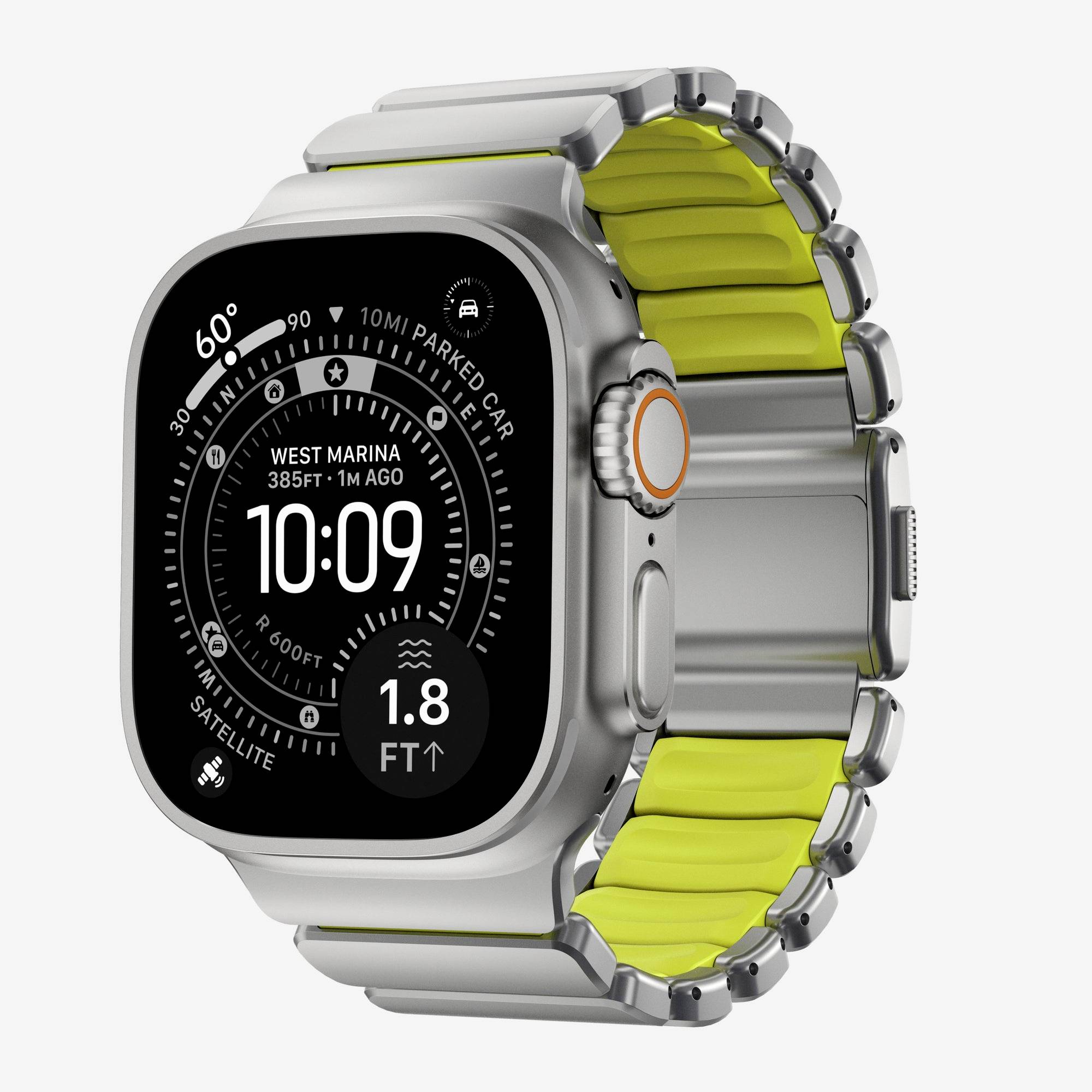 Silberne Smartwatch mit leuchtendem gelbem Armband, zeigt ein rundes Zifferblatt mit der Uhrzeit 10:09 und Standortdaten wie 