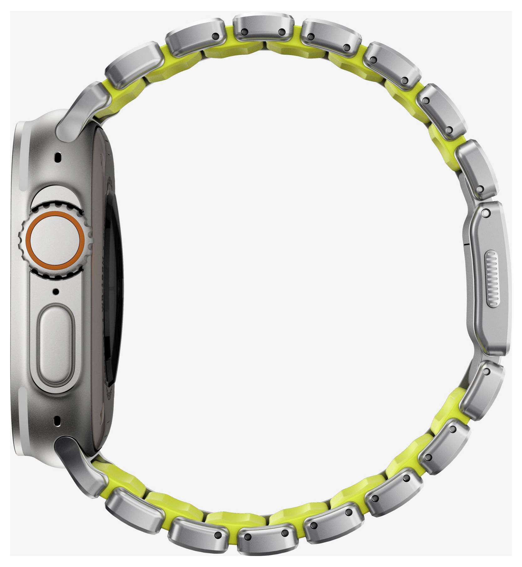 Silberne Smartwatch in Seitenansicht mit metallischem Gliedband und heller gelber Innenfütterung, zeigt das Uhrengehäuse und das Banddesign.