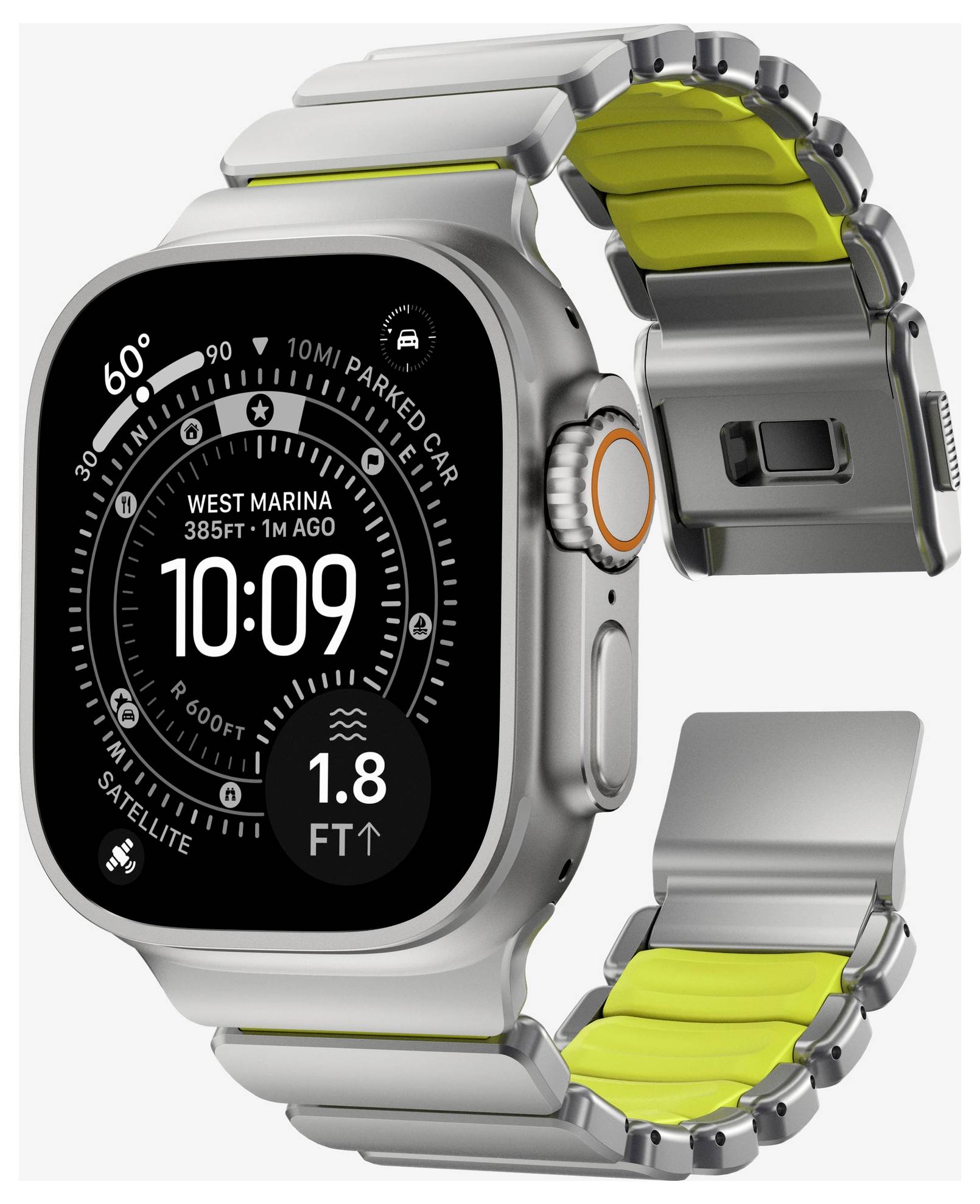Apple Watch Ultra in Silber mit einem silbernen Gliederset-Armband und gelben Akzenten, von vorne und hinten auf weißem Hintergrund gezeigt.