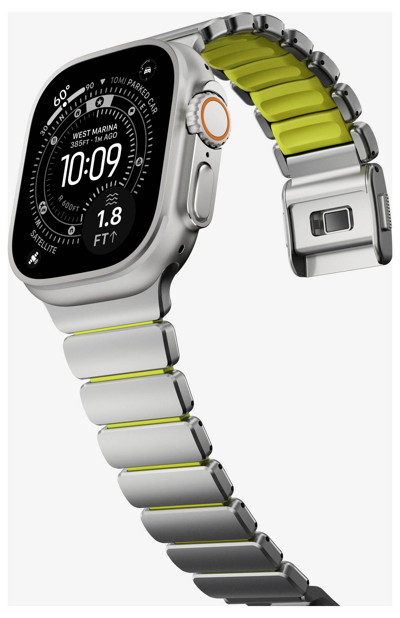 Apple Watch mit silbernem Metallband, in einem Winkel auf weißem Hintergrund gezeigt; das Display zeigt 10:09 und GPS-/Navigationsstil-Informationen.