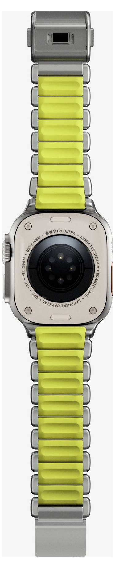 Silberne Smartwatch mit leuchtend gelbem Armband, von vorne vor weißem Hintergrund dargestellt.