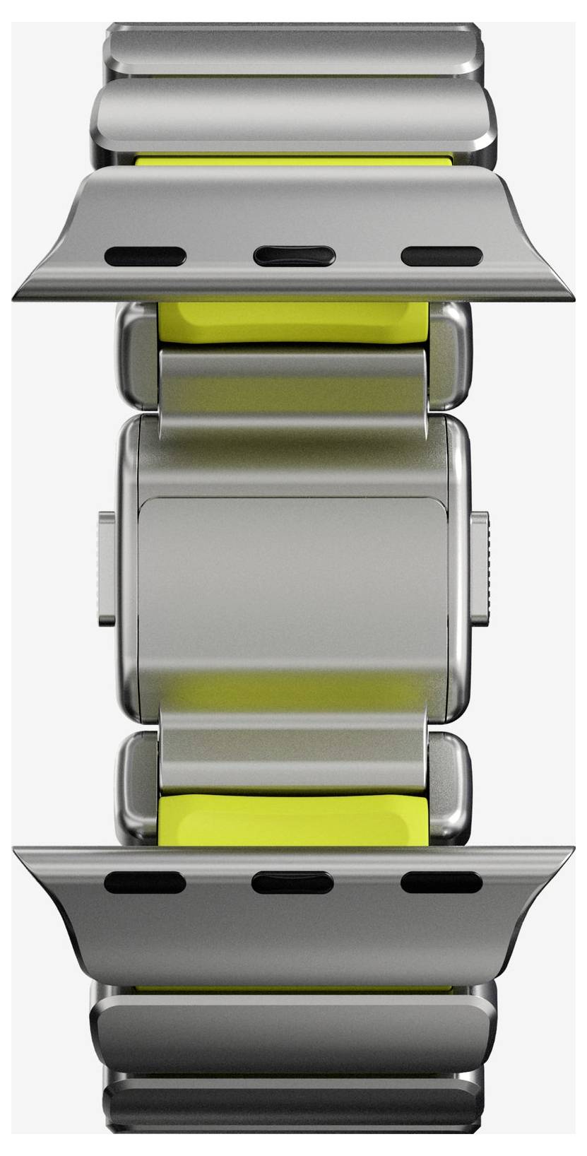 Vorderansicht eines metallischen Uhrenarmbands oder Kettengliedarmband mit silbernen und gelben Akzenten vor weißem Hintergrund.