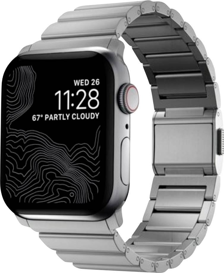 Silberne Smartwatch mit Metallband zeigt 11:28, Mi 26 und 67° teilweise bewölkt auf dem Display an.