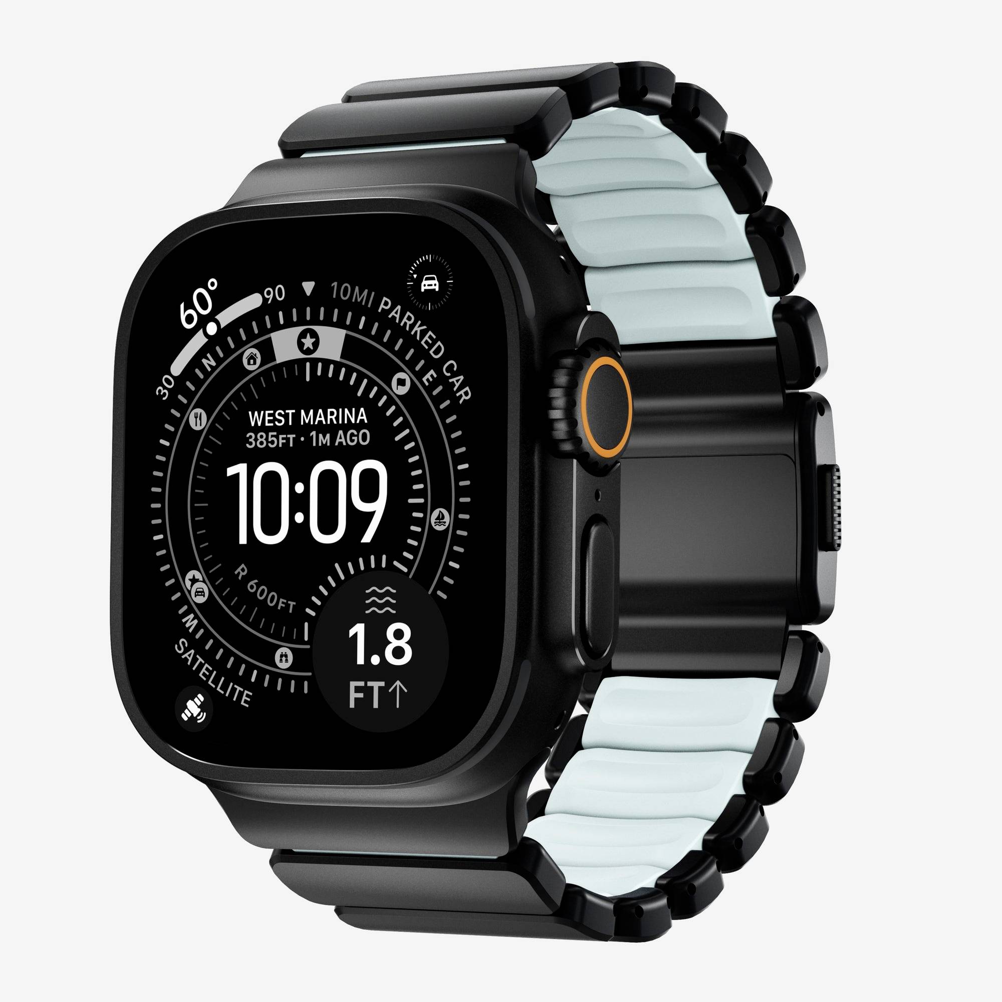 Schwarze Smartwatch mit schwarzem und hellblauem Armband, zeigt ein navigationsartiges Zifferblatt mit der Uhrzeit 10:09, 60° und Standortdetails an.