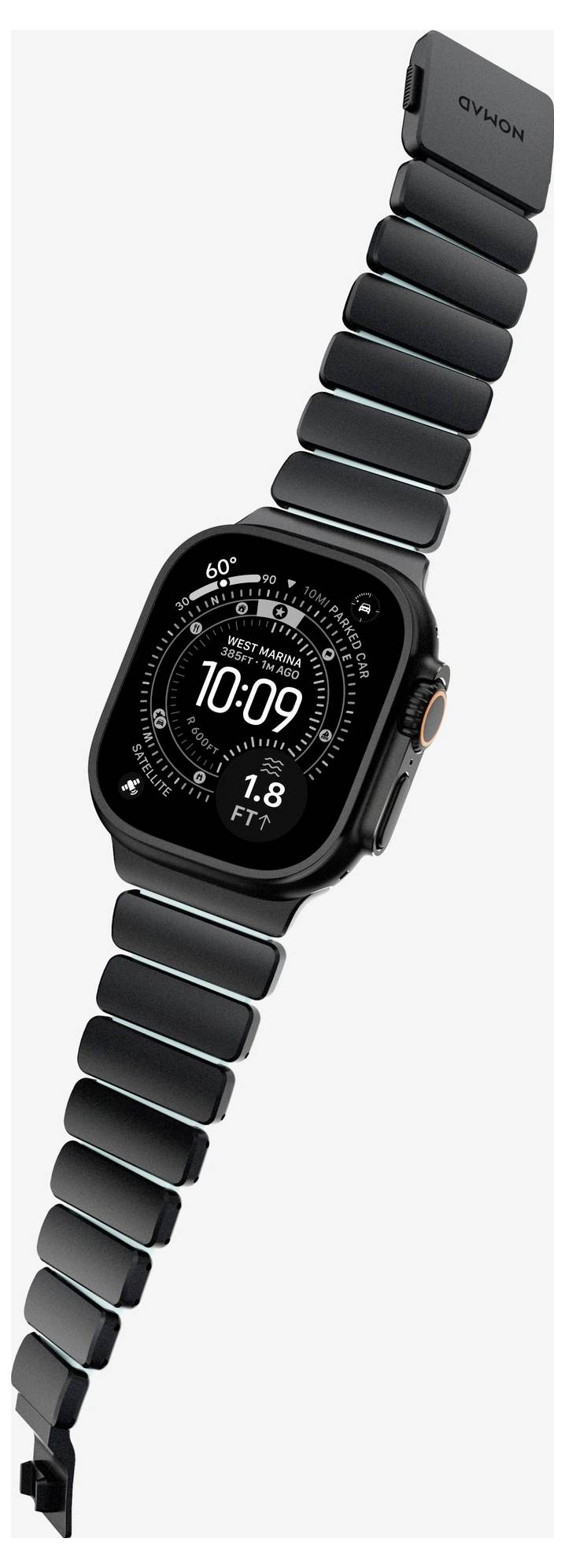 Schwarze rechteckige Smartwatch mit langem segmentiertem Armband, zeigt 10:09 und Fitness-Kennzahlen auf dem Bildschirm an.