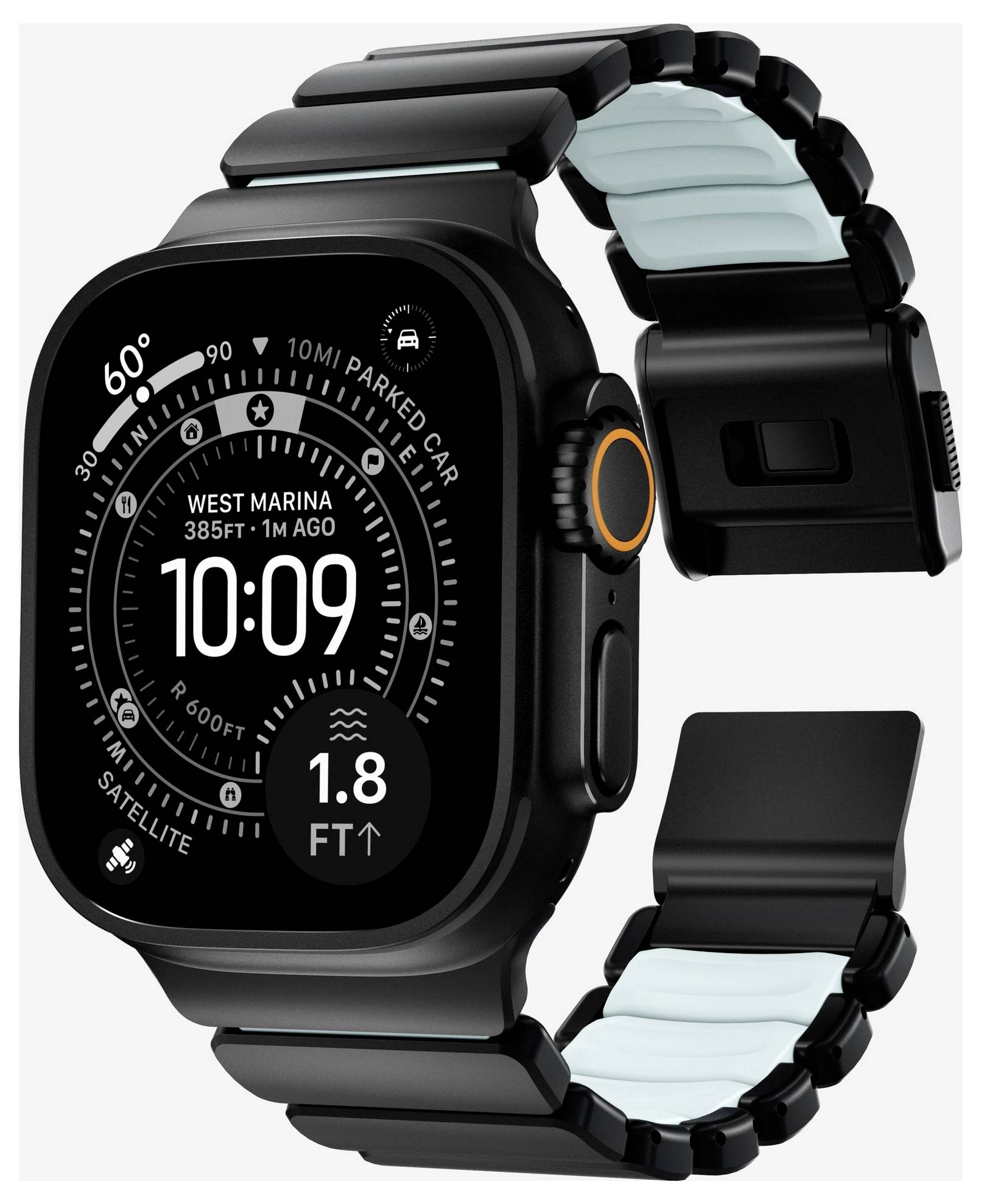 Schwarze robuste Smartwatch mit quadratischem Display, das 10:09 anzeigt, GPS-/Navigationsdaten und ein schwarz-hellblau segmentiertes Armband, dargestellt in drei Ansichten.