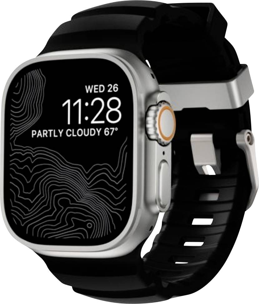 Schwarze und silberne Smartwatch mit schwarzem Band, auf dem Display werden 