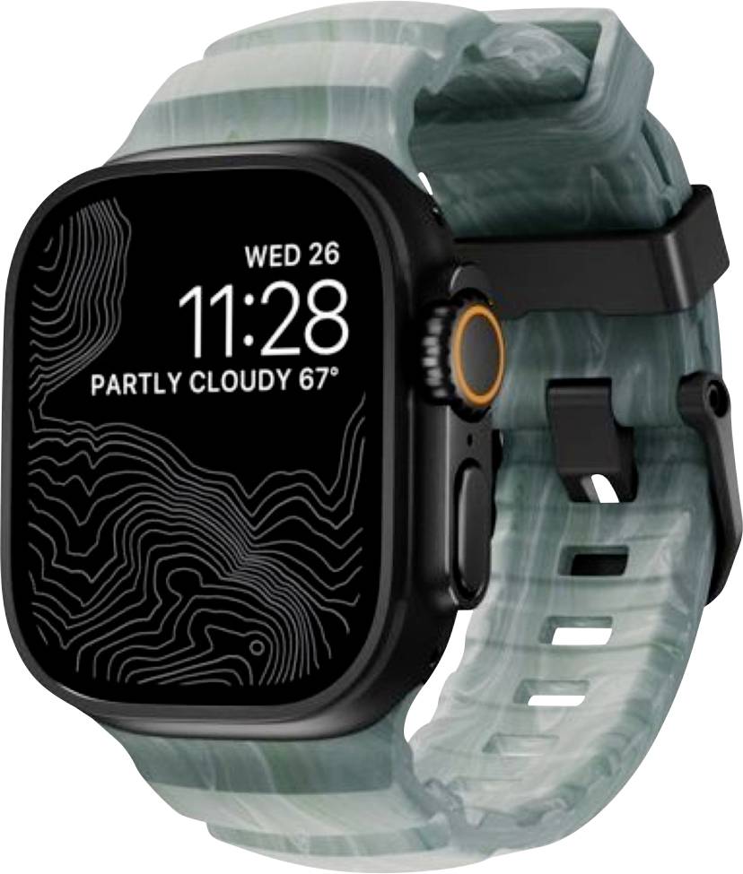 Schwarze Smartwatch mit Tealbgrün-Armband, auf dem Display 11:28, Mi 26, teilweise bewölkt 67° angezeigt.