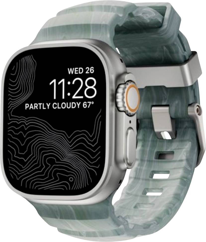 Smartwatch mit silbernem Gehäuse und durchsichtigem blaugrünem Armband, das auf dem Display 11:28, Mi 26 und „Teilweise bewölkt 67°