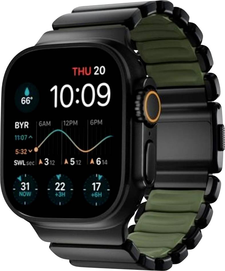 Schwarze Smartwatch mit grünem Armband, zeigt 10:09 Uhr, Do 20, Wetter 66°, und ein Gesundheits-/Aktivitätsdiagramm auf dem Display.