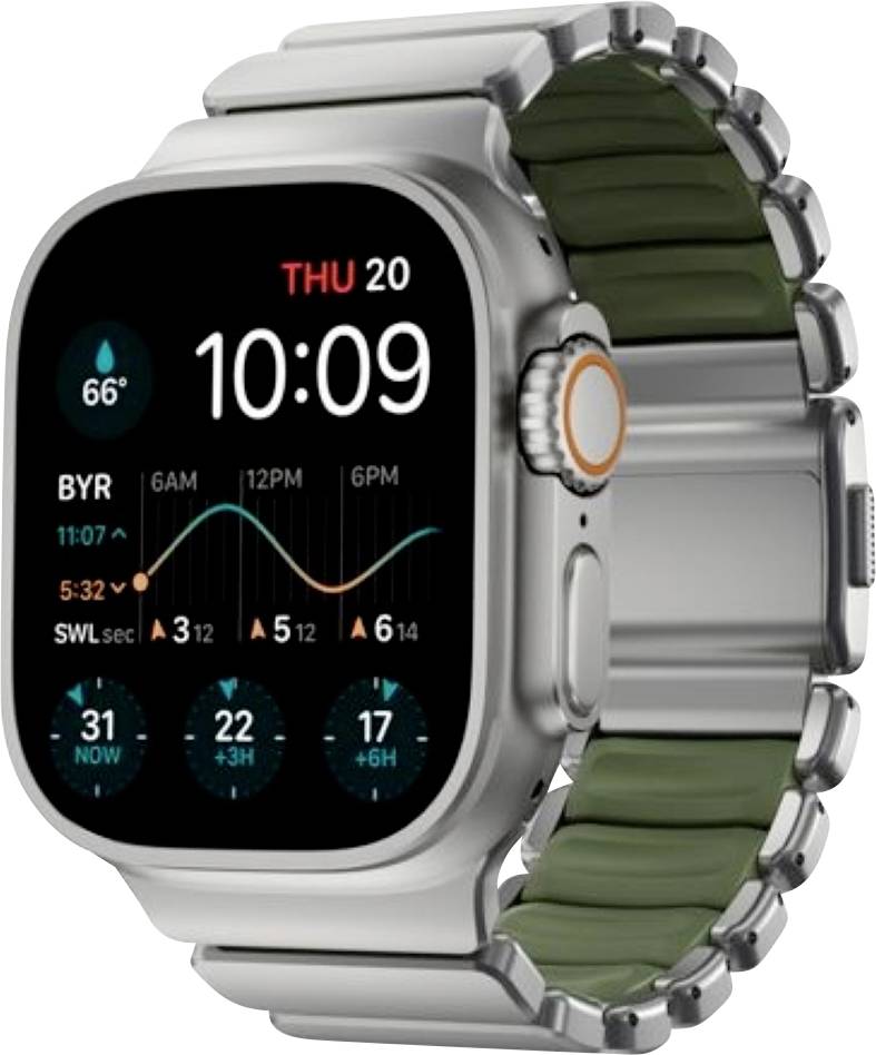 Silberne Apple Watch Ultra mit grünem Metallarmband, auf dem ein benutzerdefiniertes Zifferblatt mit der Uhrzeit 10:09, dem Datum DO 20, der Temperatur 66° und Gezeitendiagramminformationen angezeigt wird.
