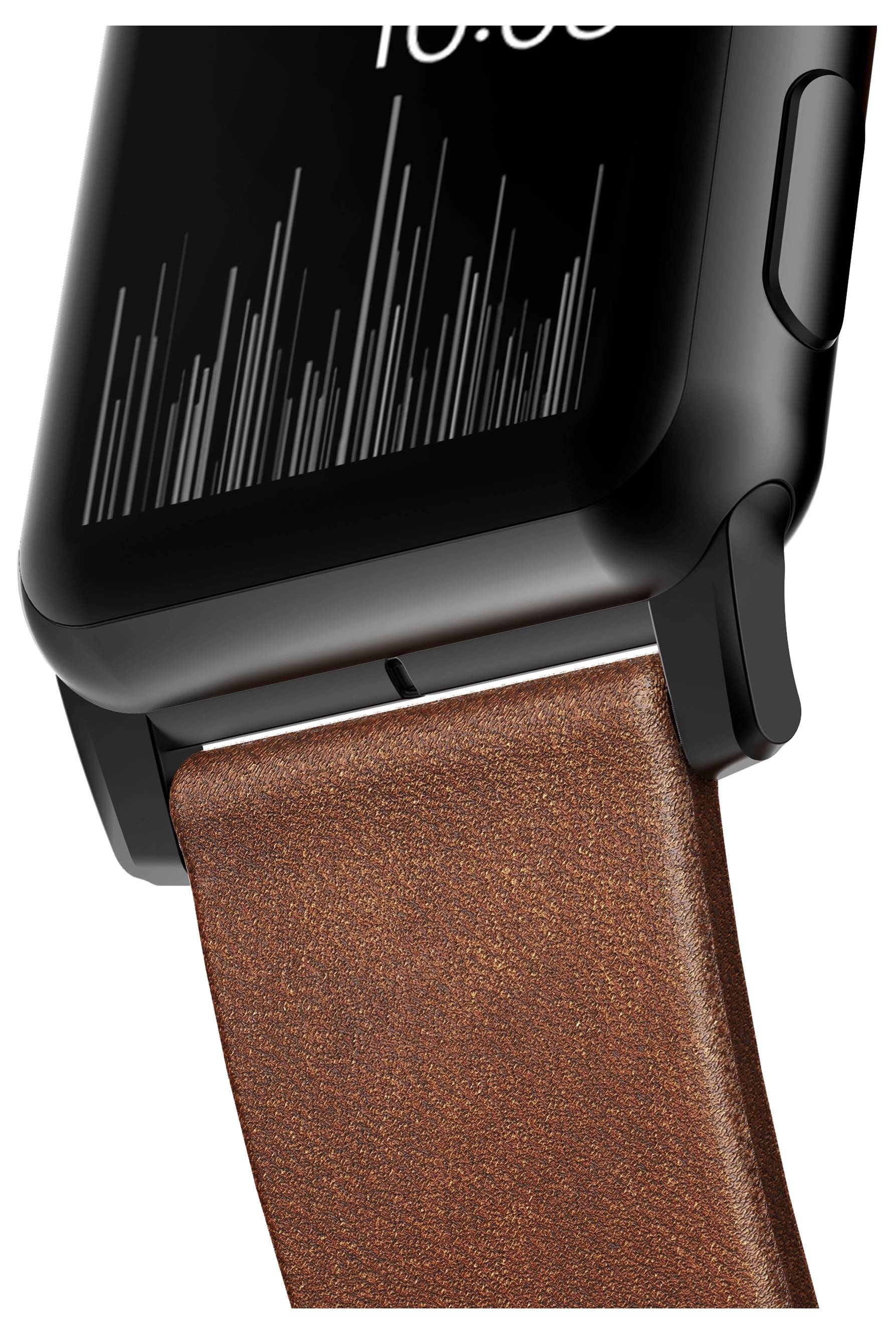 Nahaufnahme einer schwarzen Smartwatch mit braunem Lederarmband, die ein analoges Display und einen seitlichen Knopf zeigt.