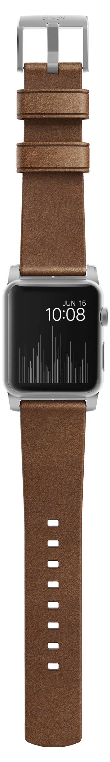 Braunes Lederarmband für Apple Watch mit silberner Schnalle und schwarzem Smartwatch-Zifferblatt, das 10:08 Uhr und 15. JAN anzeigt.