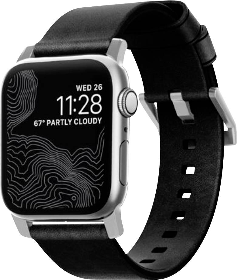 Schwarze intelligente Uhr mit silbernem Gehäuse und schwarzem Armband, auf dem Display werden '11:28', 'MI 26' und '67° TEILWEISE BEWÖLKT' angezeigt.
