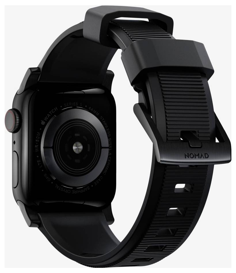 Schwarze Apple Watch mit robustem schwarzem NOMAD Sportband, in der Seitenansicht auf weißem Hintergrund dargestellt.