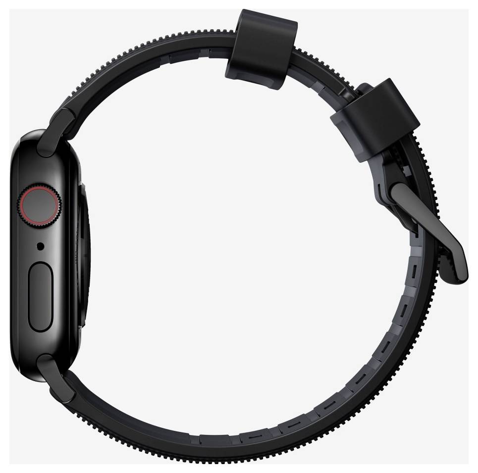 Seitenansicht einer schwarzen Smartwatch mit digitaler Krone und Seitenschaltfläche, dargestellt mit ihrem verstellbaren Armband, das auf weißem Hintergrund geschlossen ist.