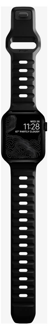 Schwarze Apple Watch mit schwarzem Sportarmband, zeigt 11:28 Uhr und das Datum Mi 28 auf dem Display an.