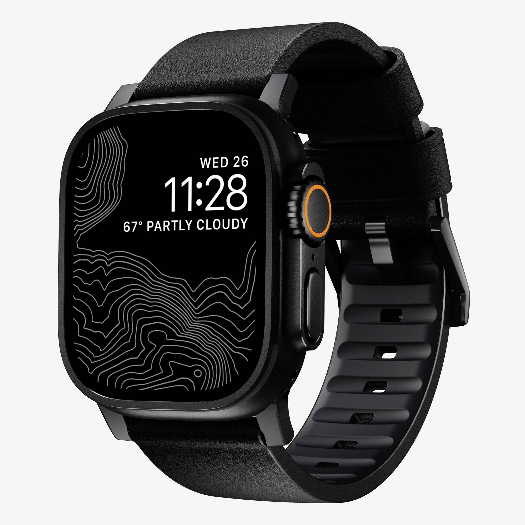 Schwarze Smartwatch mit quadratischem Zifferblatt, das „WED 26