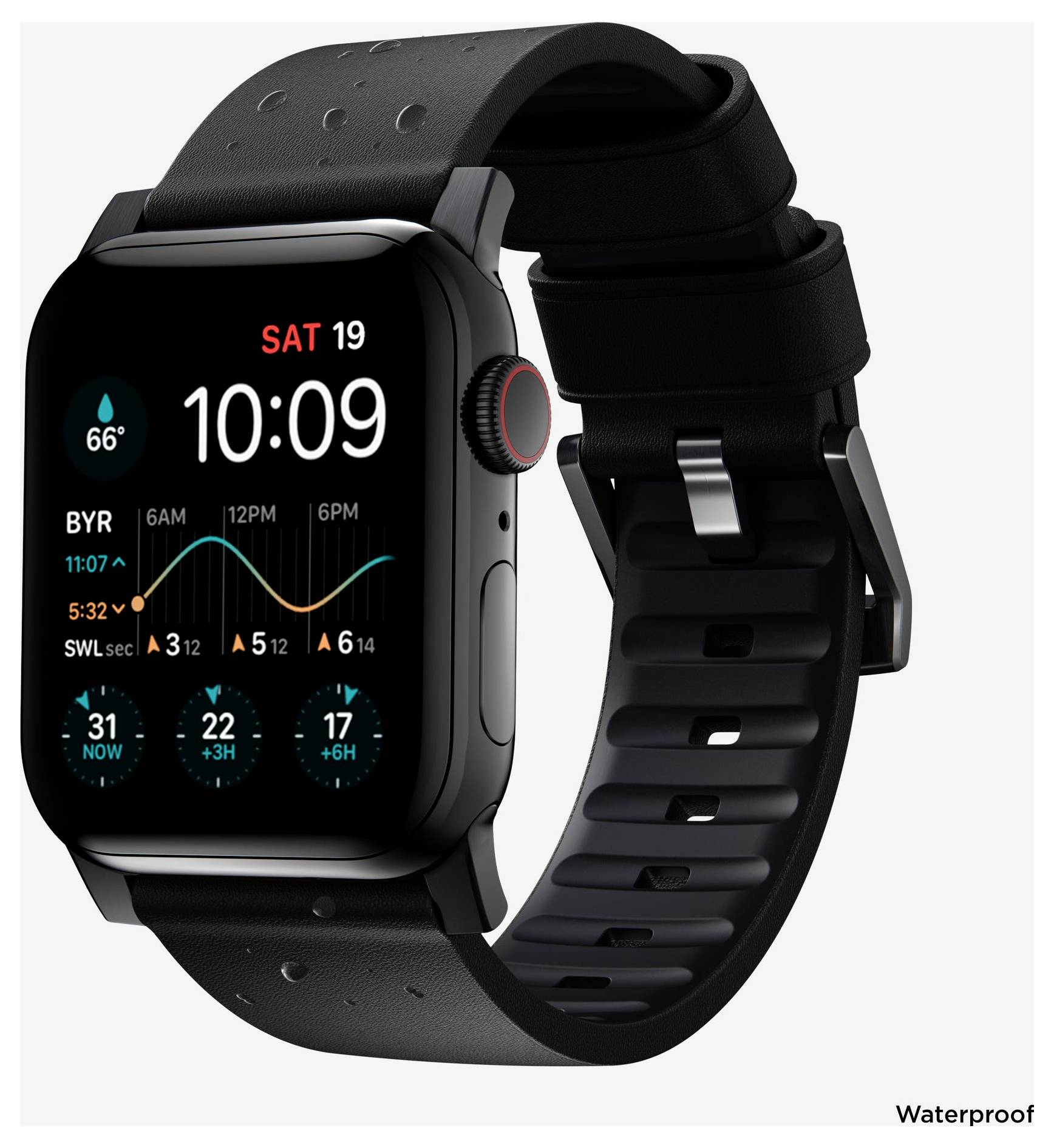 Schwarze Smartwatch mit Always-On-Display, das 10:09, Wetter und Fitness-Diagramme anzeigt; Wasserdichter Text erscheint in der Ecke.