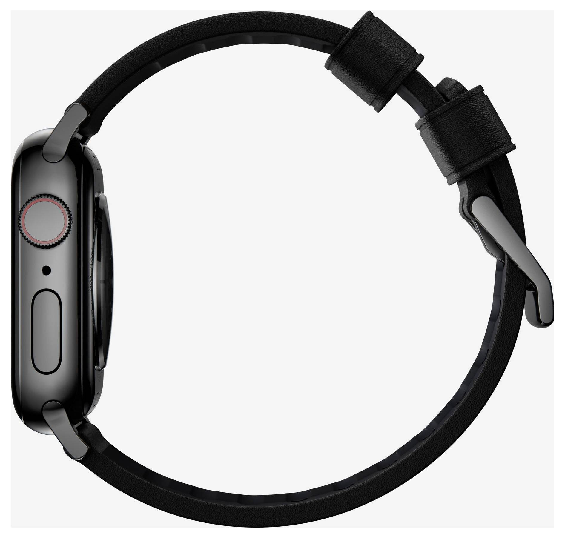 Schwarze Smartwatch in Seitenansicht mit digitaler Krone, Seitentaste und schwarzem Armband auf weißem Hintergrund.