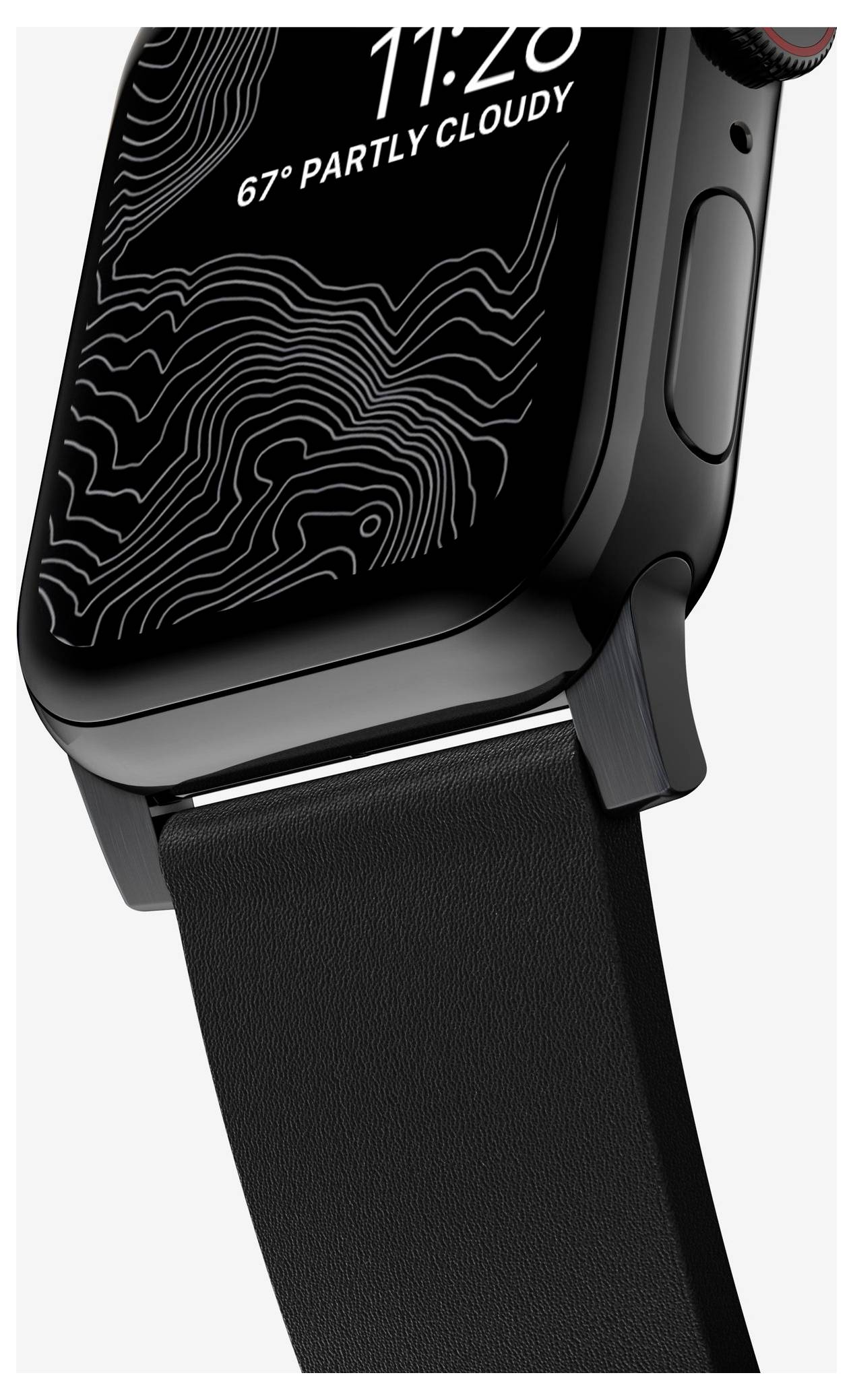 Nahaufnahme einer schwarzen Smartwatch mit schwarzem Armband, auf dem Display werden 11:26, 67° und „TEILWEISE BEWÖLKT" angezeigt.