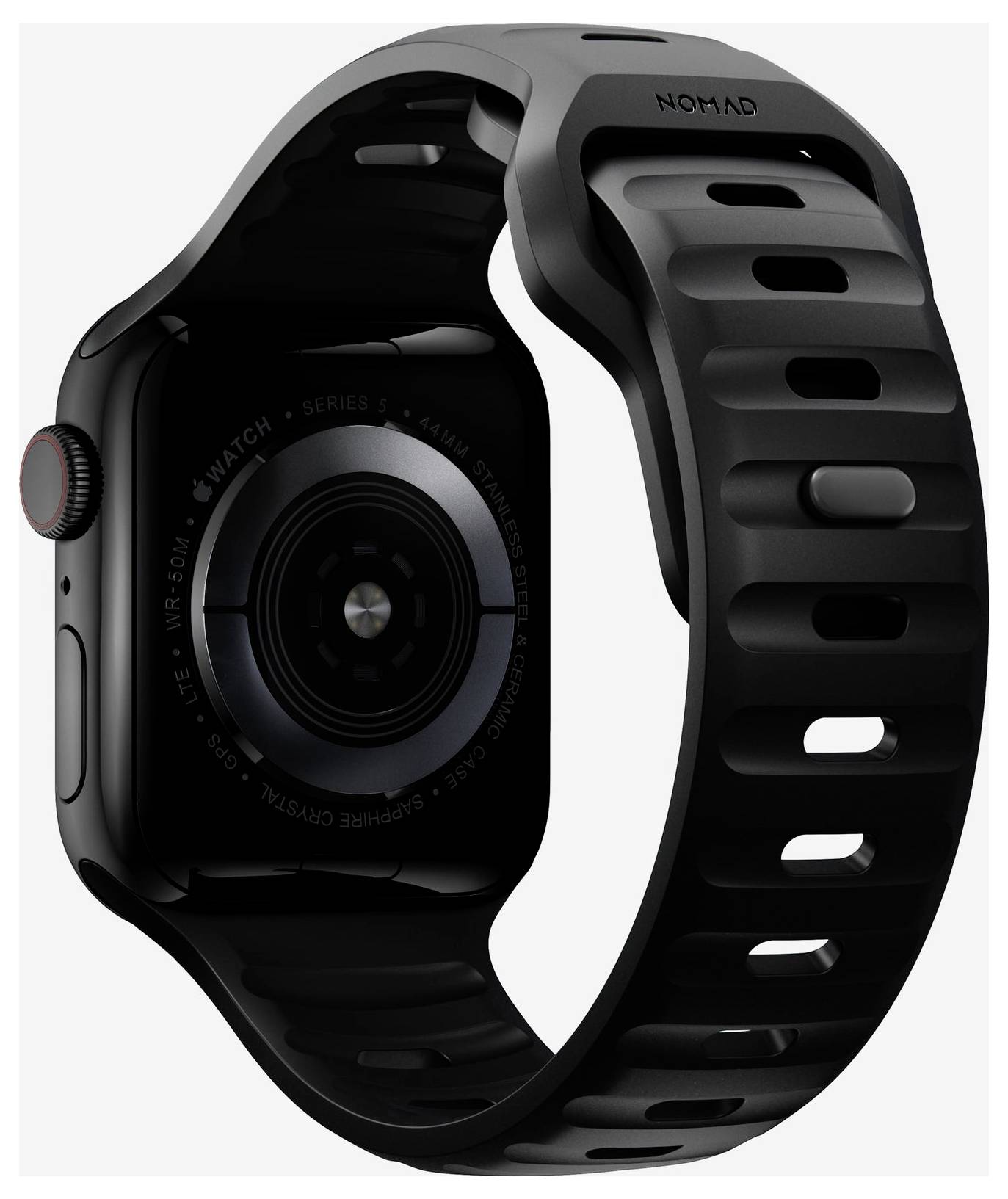 Black Apple Watch mit robustem schwarzem NOMAD-Armband, von hinten gezeigt, um das Design des Gehäuses und des Armbands hervorzuheben.