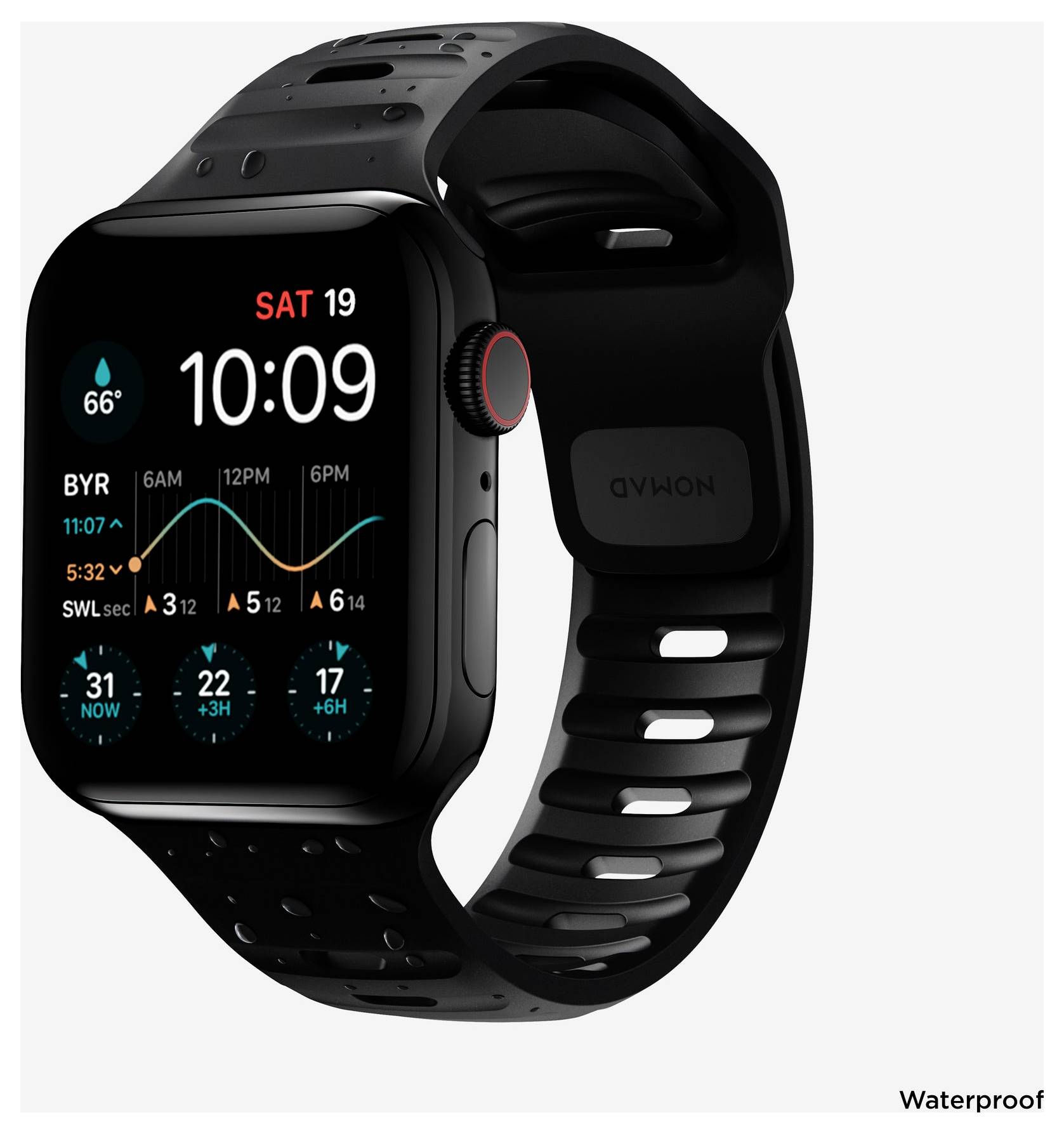 Schwarze Smartwatch von vorne und hinten gezeigt, Anzeige der Zeit 10:09 mit Wetter, Aktivitäts- und Trainingsstatistiken; gekennzeichnet mit "Wasserdicht".