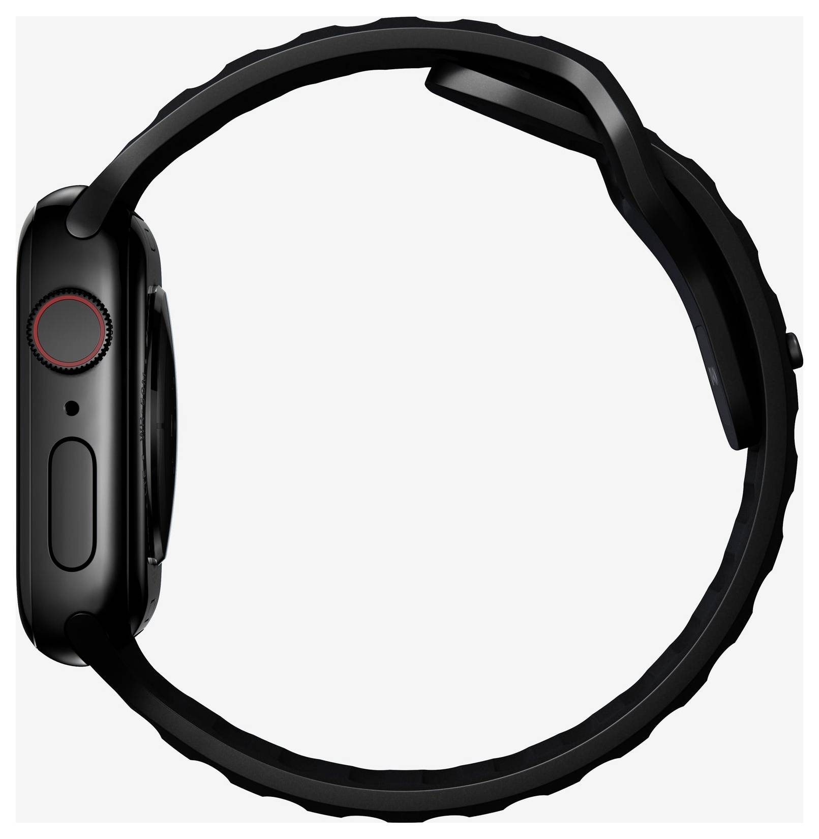 Schwarze Smartwatch im Profil gezeigt, mit rundem Zifferblatt, rot akzentuierter Krone und schwarzem Armband auf weißem Hintergrund.