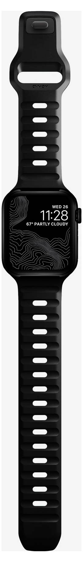 Schwarze Apple Watch mit schwarzem Sportarmband frontal auf weißem Hintergrund angezeigt, zeigt die Uhrzeit 11:28.