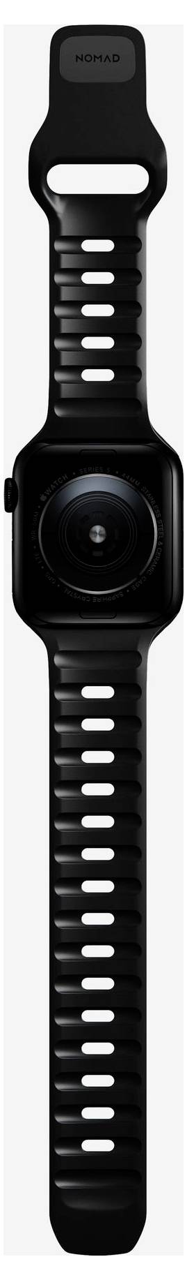 Schwarzes Fitness-Uhr-Armband mit einer großen kreisförmigen Kameralinse in der Mitte zentriert, ähnlich einem tragbaren Gerät oder Tracker.