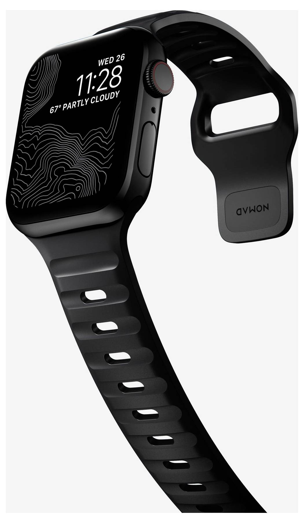 Schwarze Smartwatch mit rechteckigem Display, das 11:28 Uhr, Mi 26 und 67° teils bewölkt anzeigt, in einem Winkel positioniert, um das Armband und die Seitentaste zu zeigen.