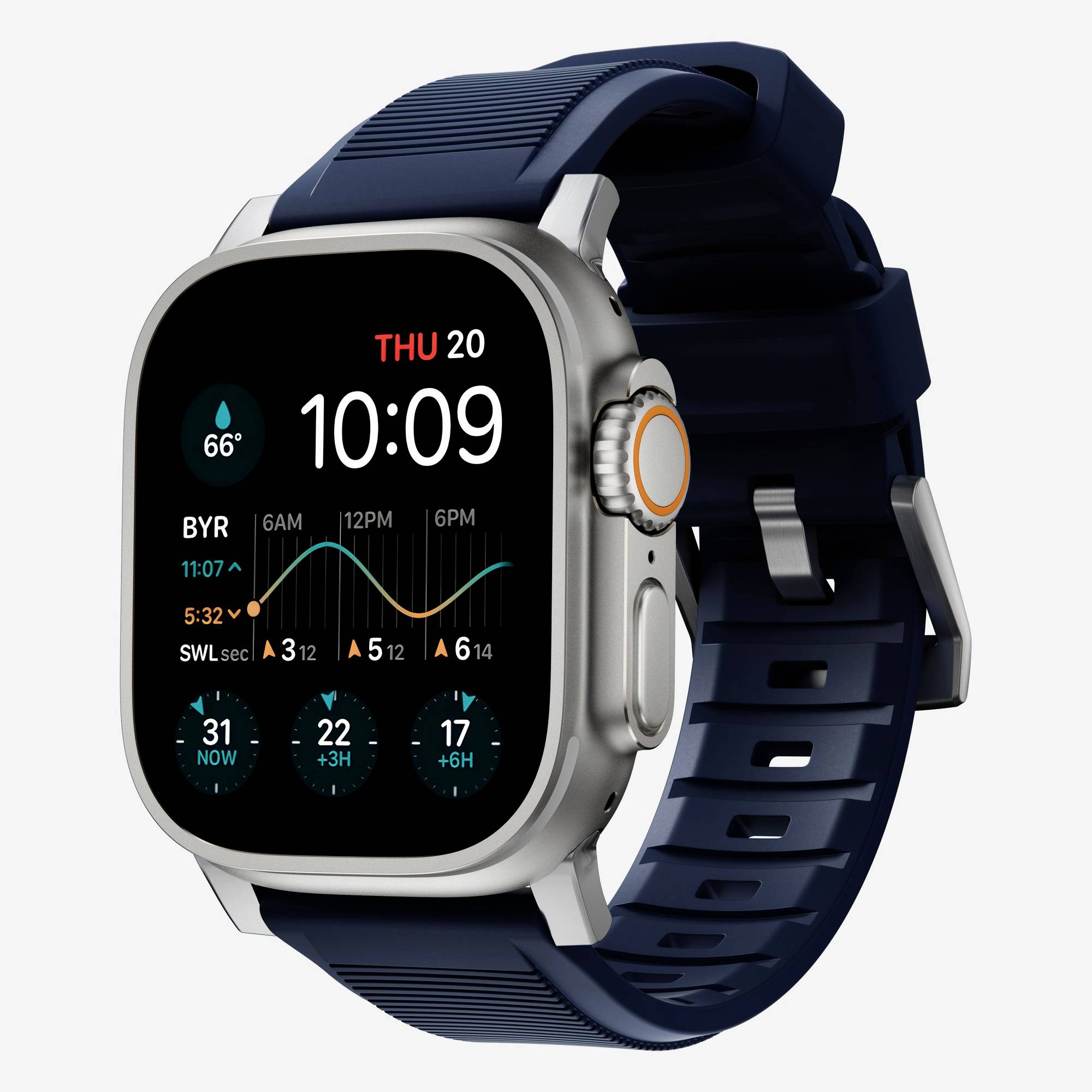 Apple Watch Ultra mit blauem Armband, zeigt ein Zifferblatt mit Uhrzeit 10:09, Datum DO 20, Wetter und Aktivitätsdiagrammen.