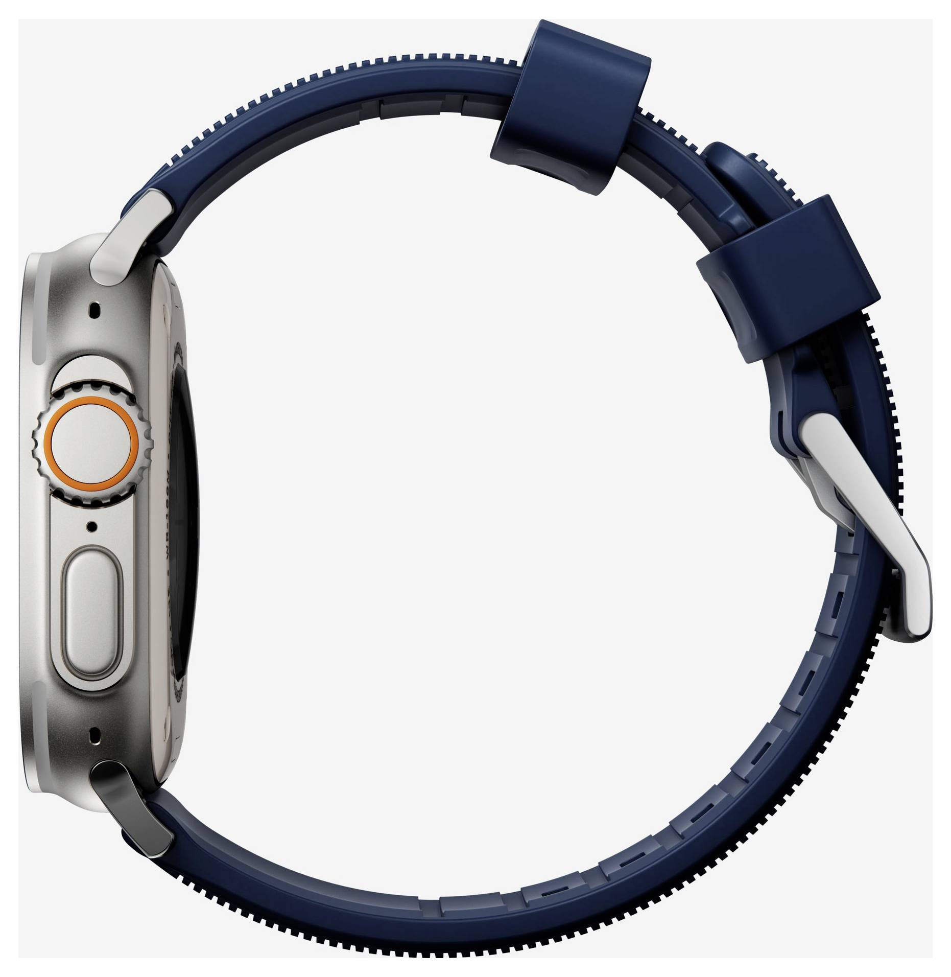 Seitenansicht einer Smartwatch mit silbernem Gehäuse, orangefarbiger Krone mit Ring und dunkelblauem Armband auf weißem Hintergrund.